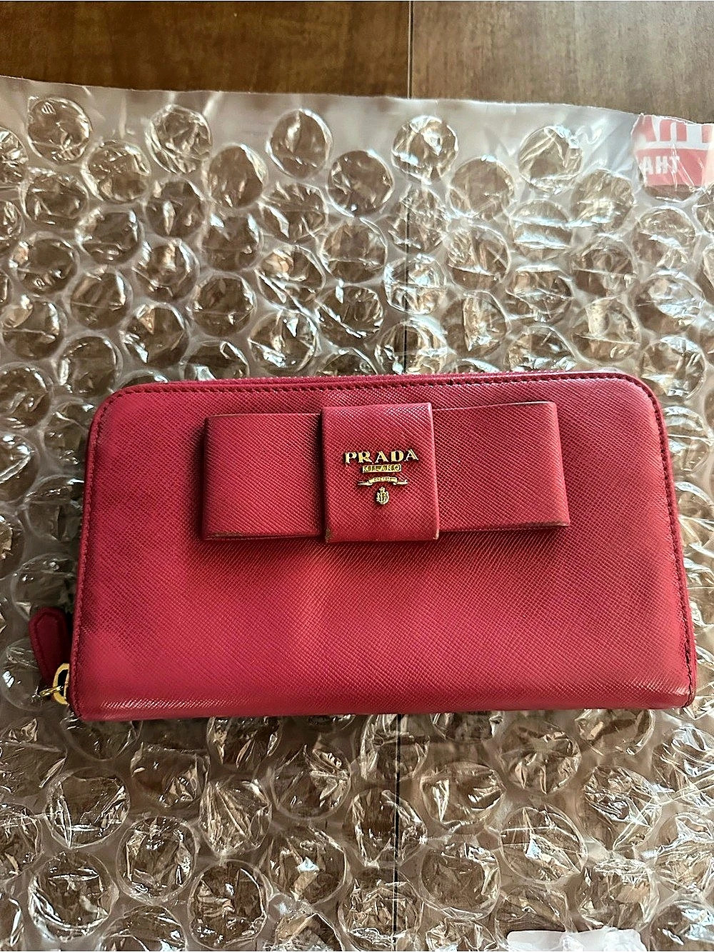 Prada Saffiano Fiocco Bow Zip Around Wallet Pink